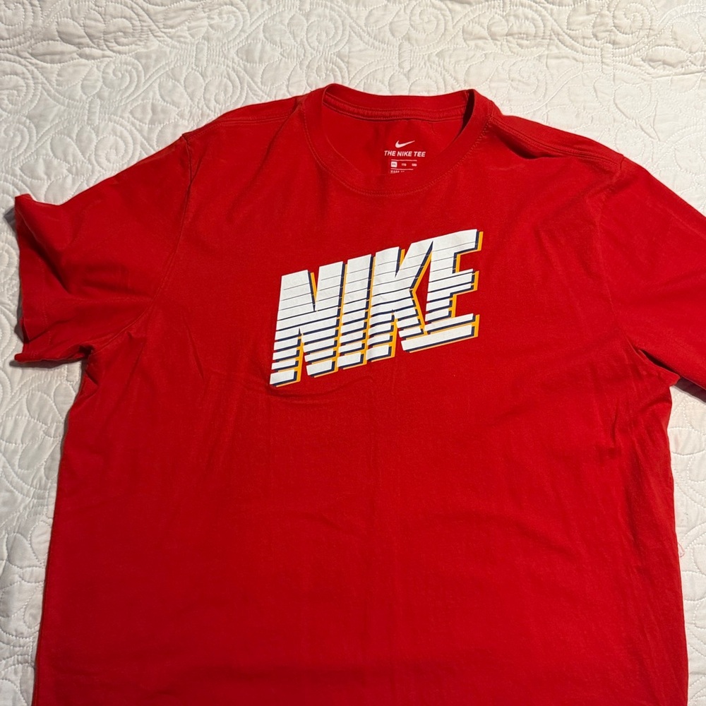 Nike Men's Graphic Red T-shirt with White Nike Logo and Yellow Outline XXL